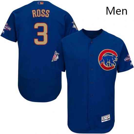 Mens Majestic Chicago Cubs 3 David Ross Royal Blue 2018 World Series Jersey7 Gold Champion Flexbase Authentic Collection